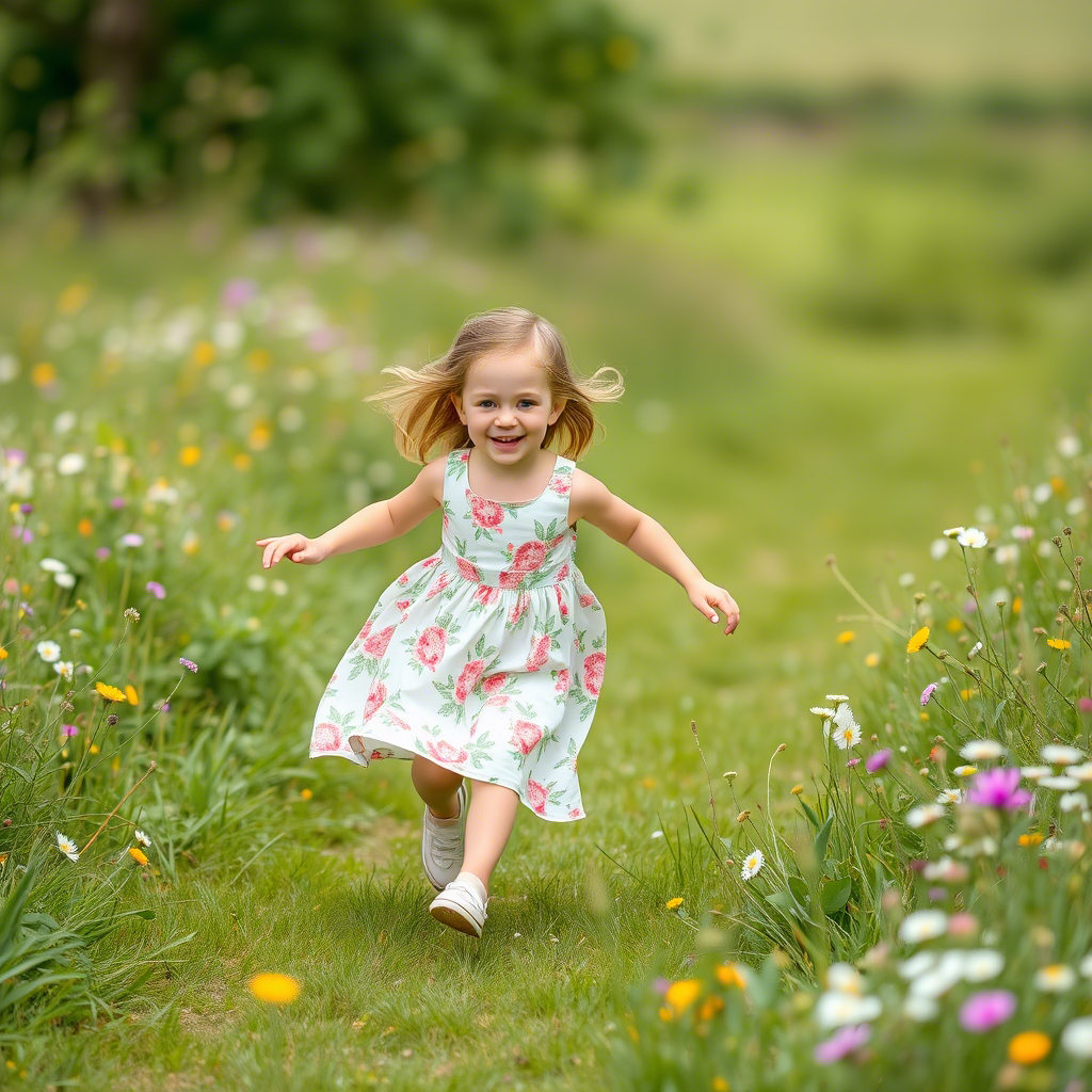 Little girl in adorable floral dress running in a green meadow with flowers