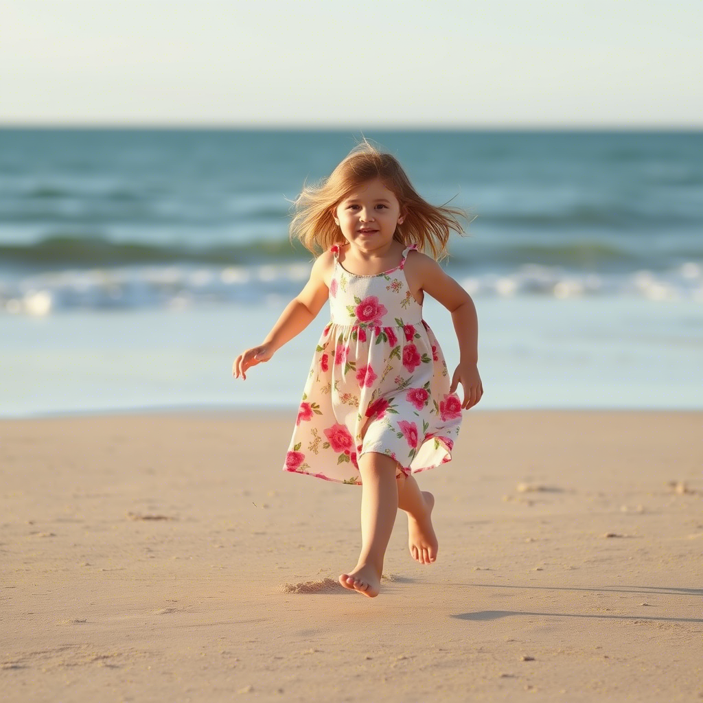 Little girl in adorable floral dress running on the beach