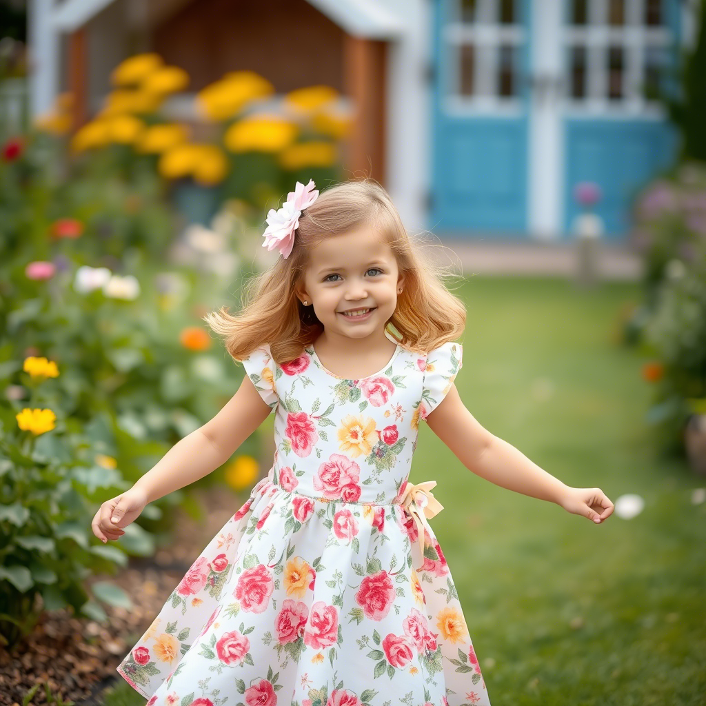Little girl in adorable floral dress twirling in a garden