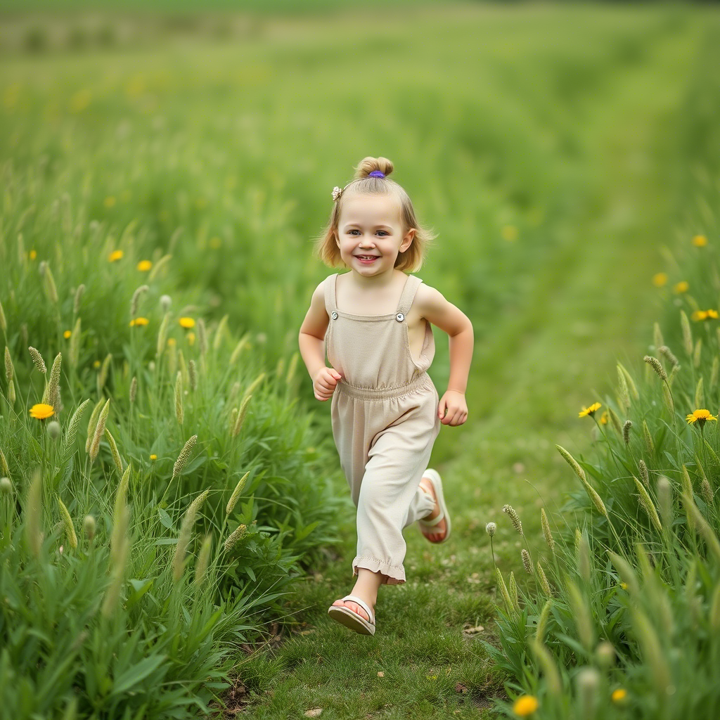 Little girl in adorable jumpsuit running happily in a green meadow