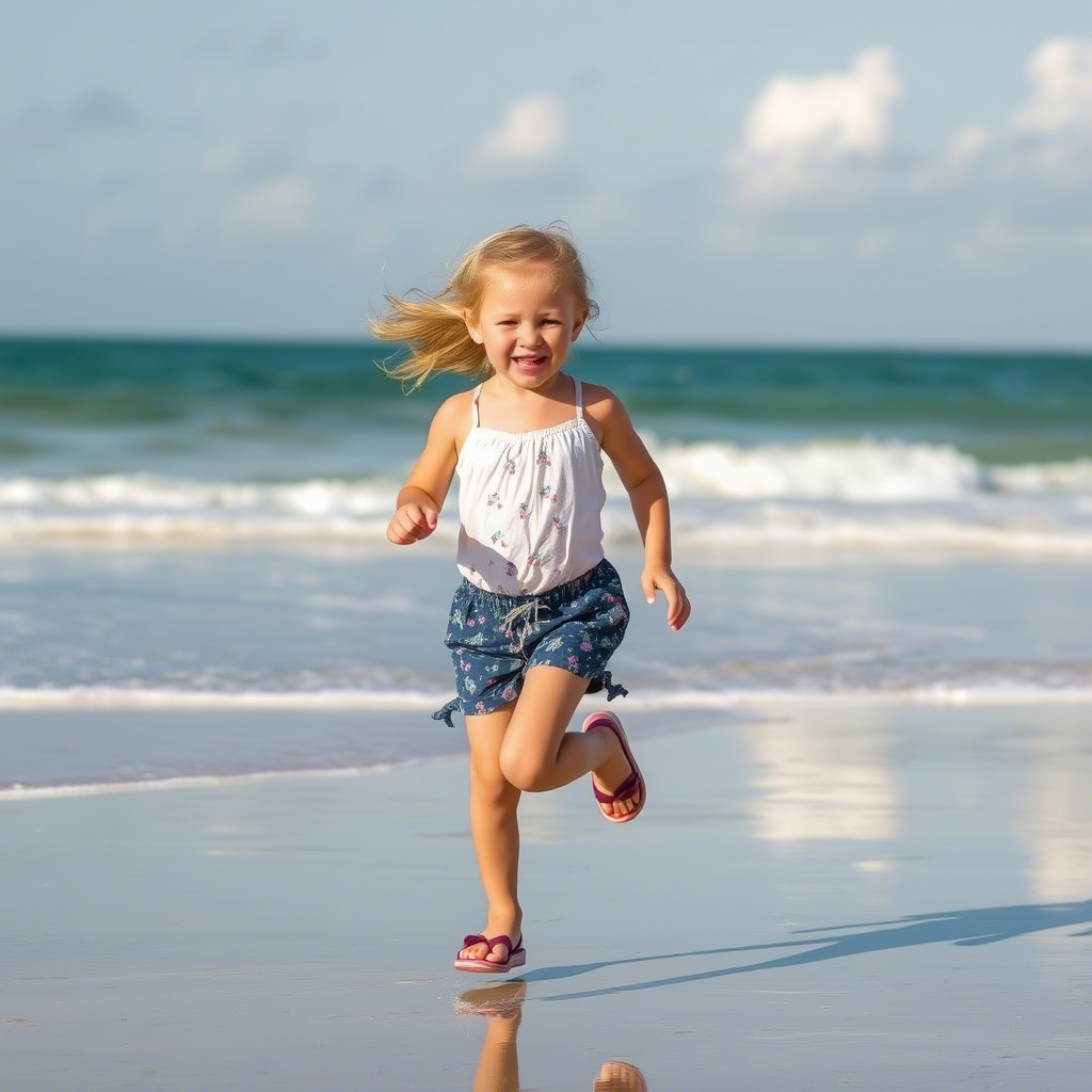 Little girl in adorable shorts and sandals running on the beach