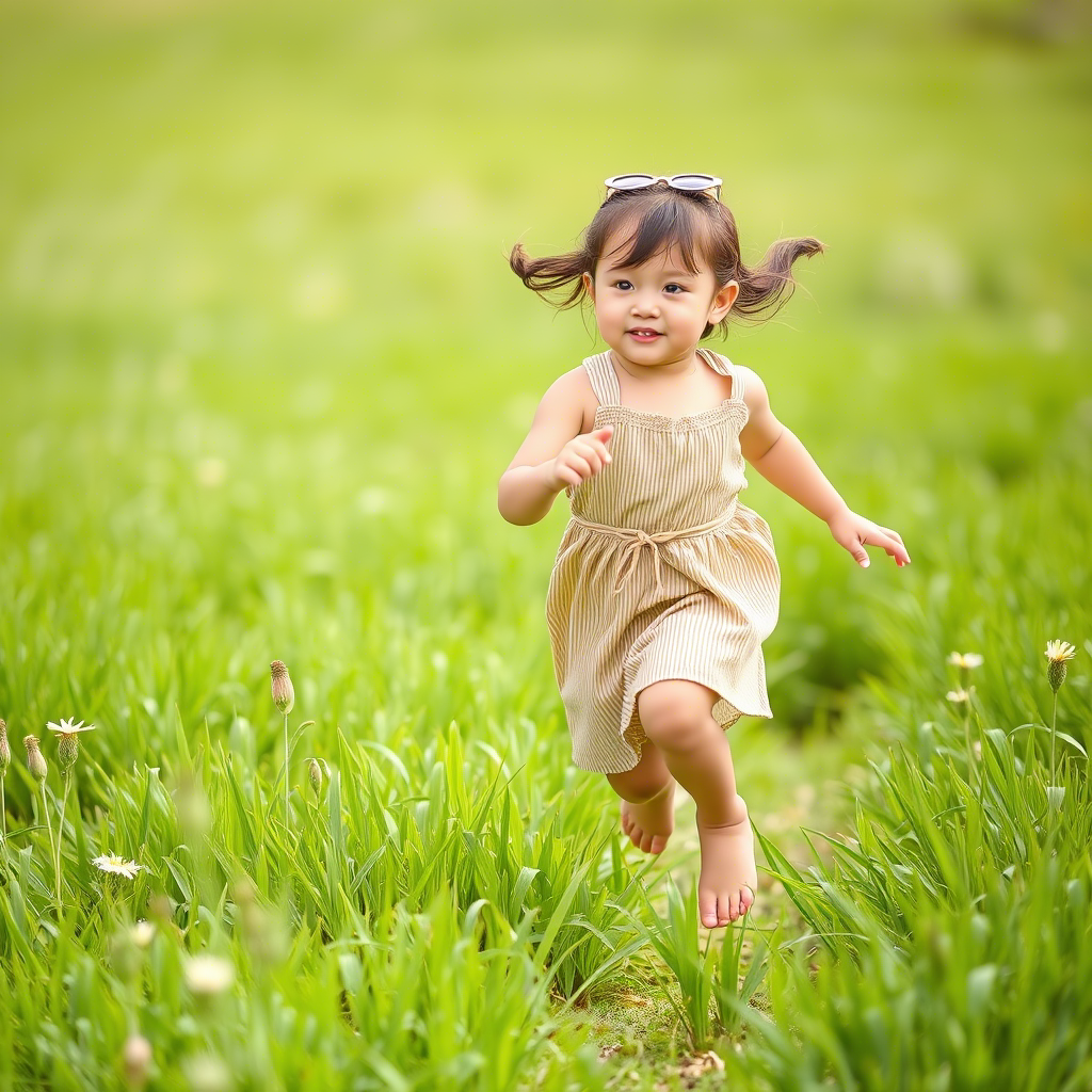 Little girl in bamboo dress running in a green meadow