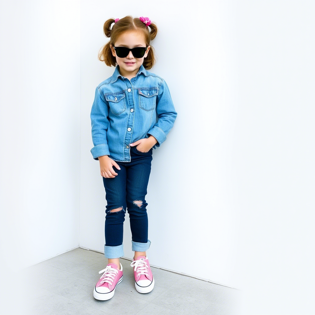 Little girl in casual denim outfit and sneakers