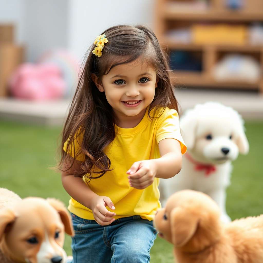 Little girl in casual jeans and a bright colored T-shirt, playing with friends