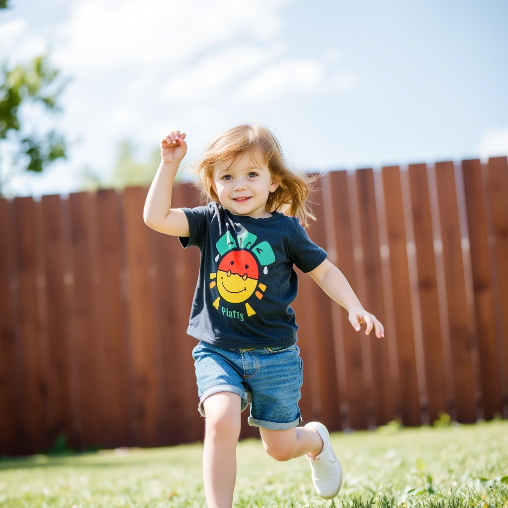 Little girl in casual summer t-shirt and shorts playing outside
