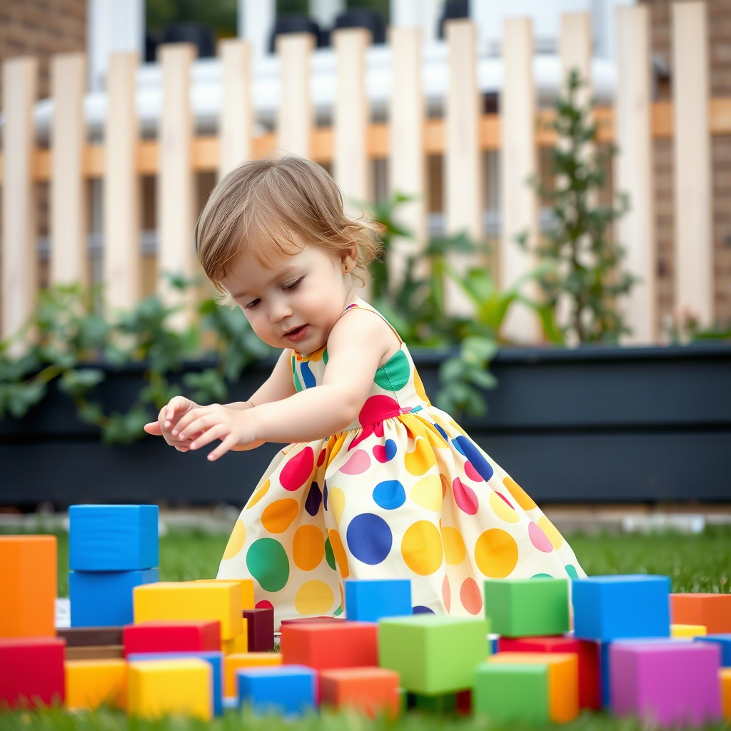 Little girl in colorful custom dress playing with blocks outside