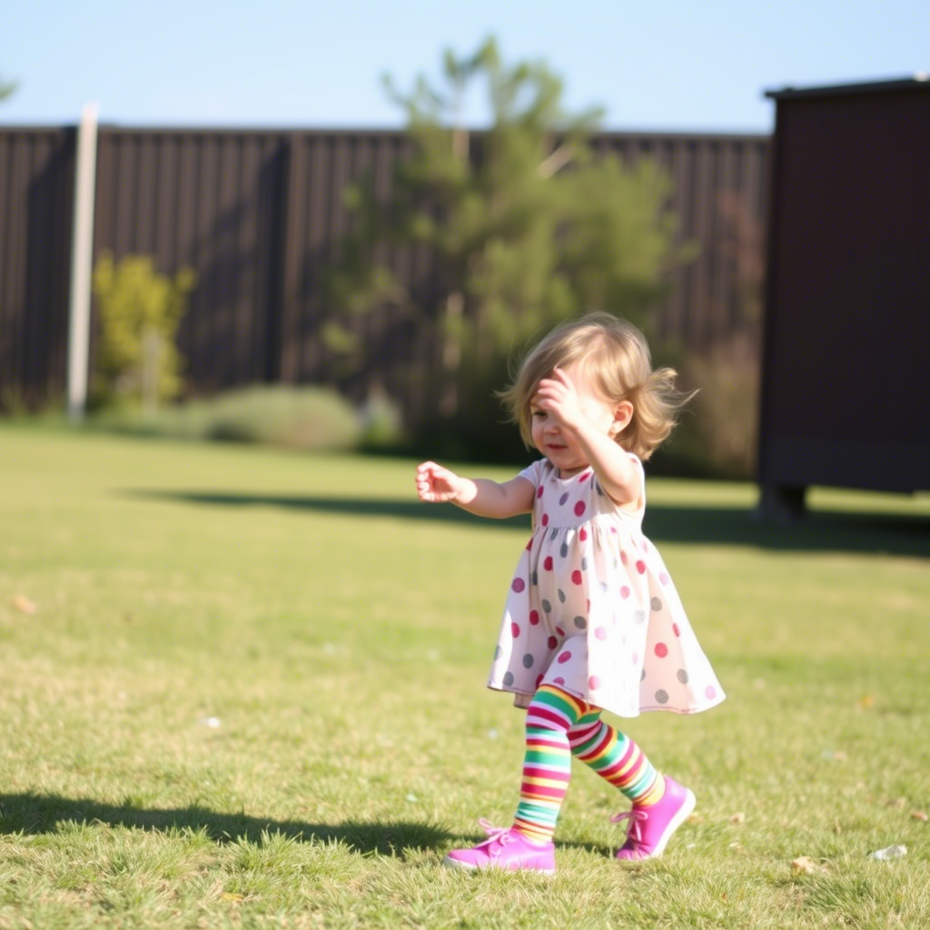 Little girl in colorful leggings and matching dress playing outside