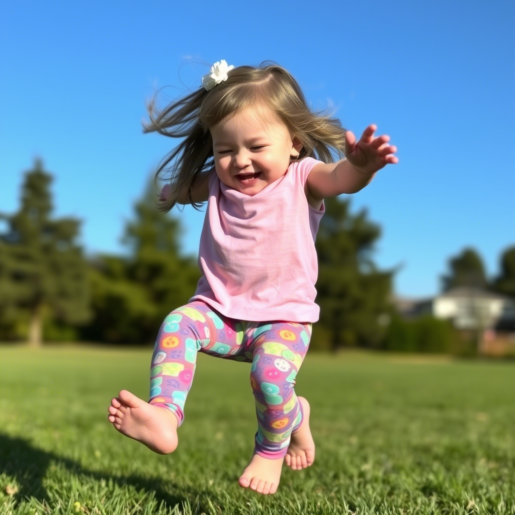 Little girl in colorful leggings playing outside freely