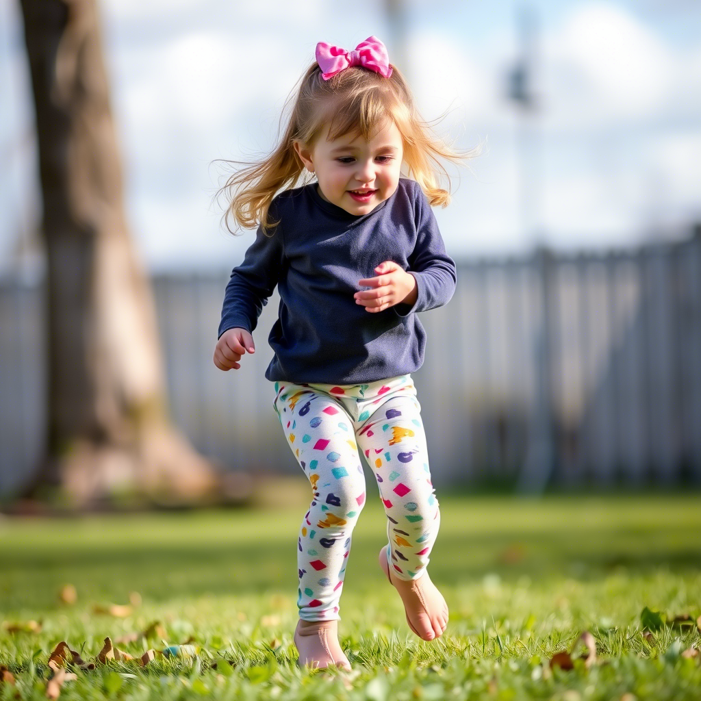 Little girl in colorful leggings playing outside