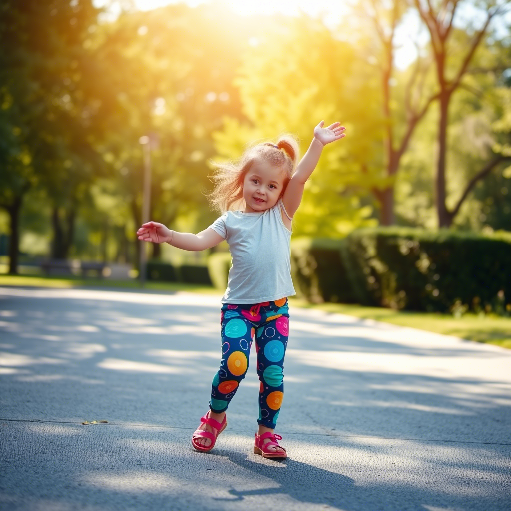 Little girl in colorful pants dancing in a sunny park