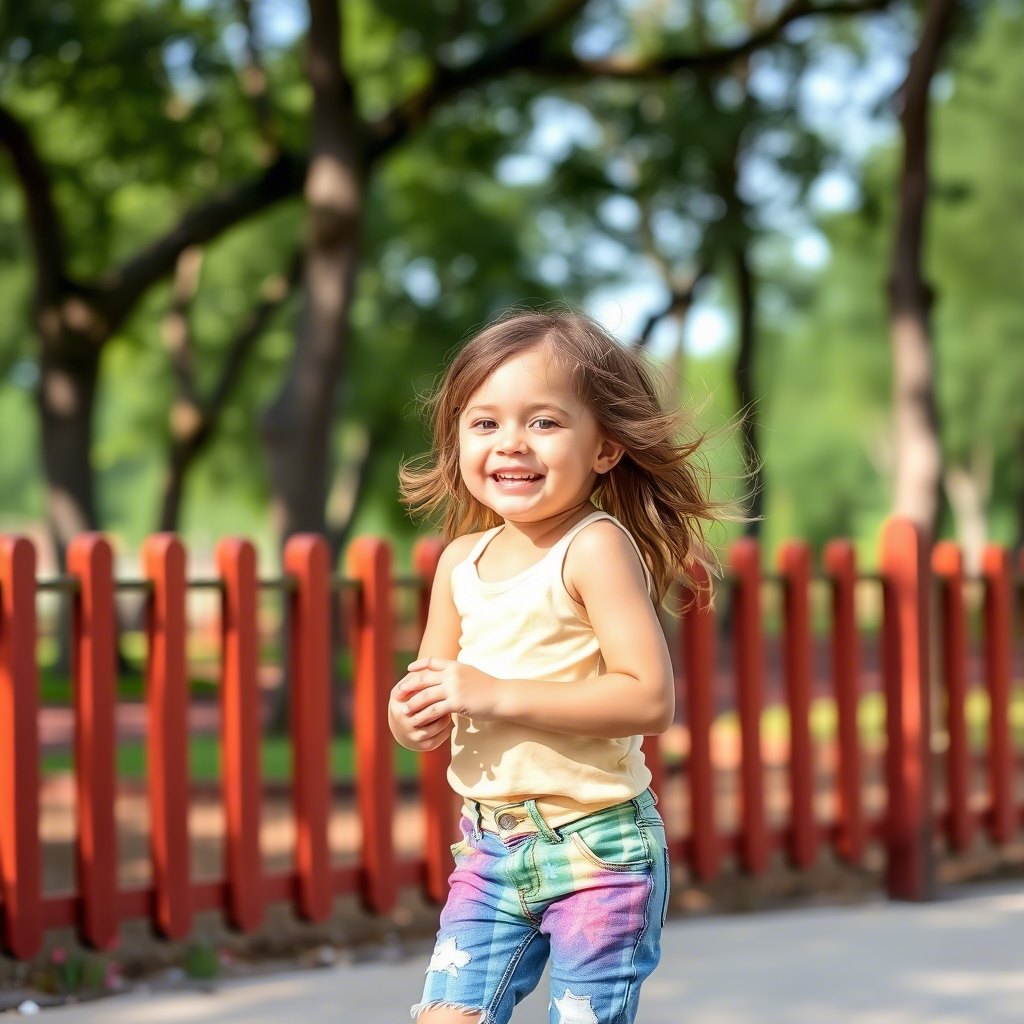 Little girl in colorful shorts and jeans having fun at park