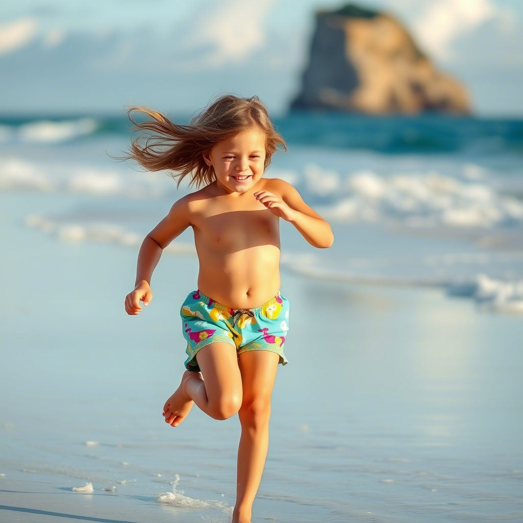 Little girl in colorful shorts running on the beach