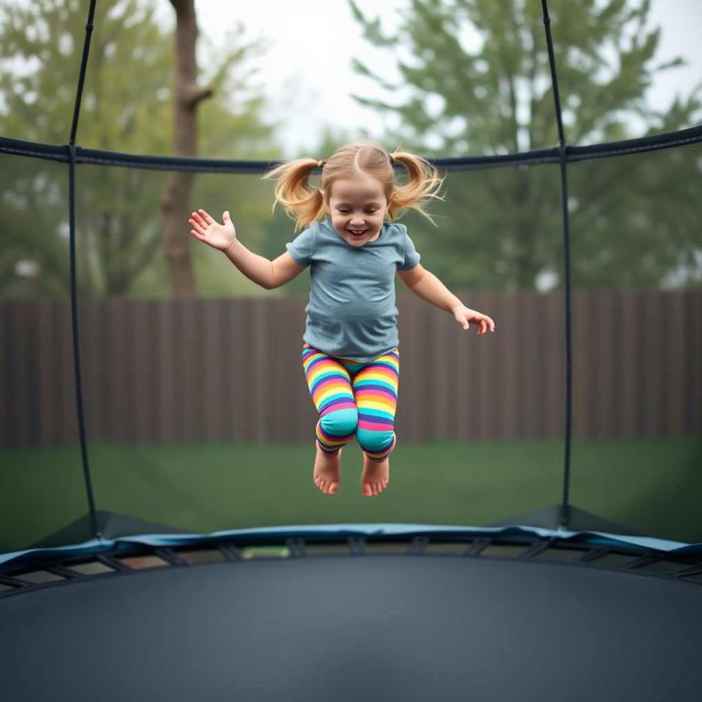 Little girl in colorful striped leggings jumping on a trampoline