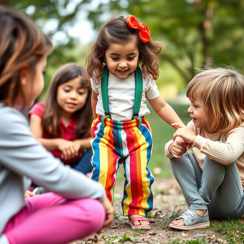 Little girl in colorful striped trousers playing with friends