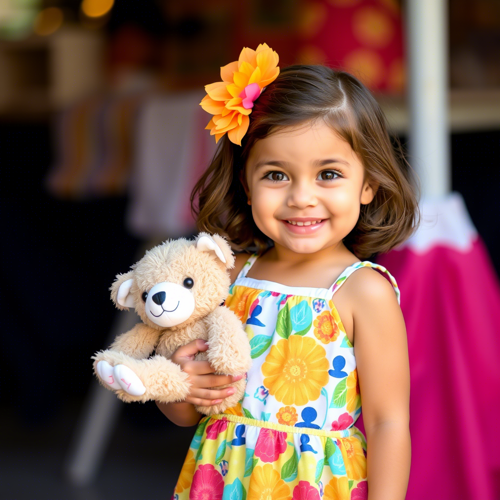 Little girl in colorful sundress, holding a stuffed animal