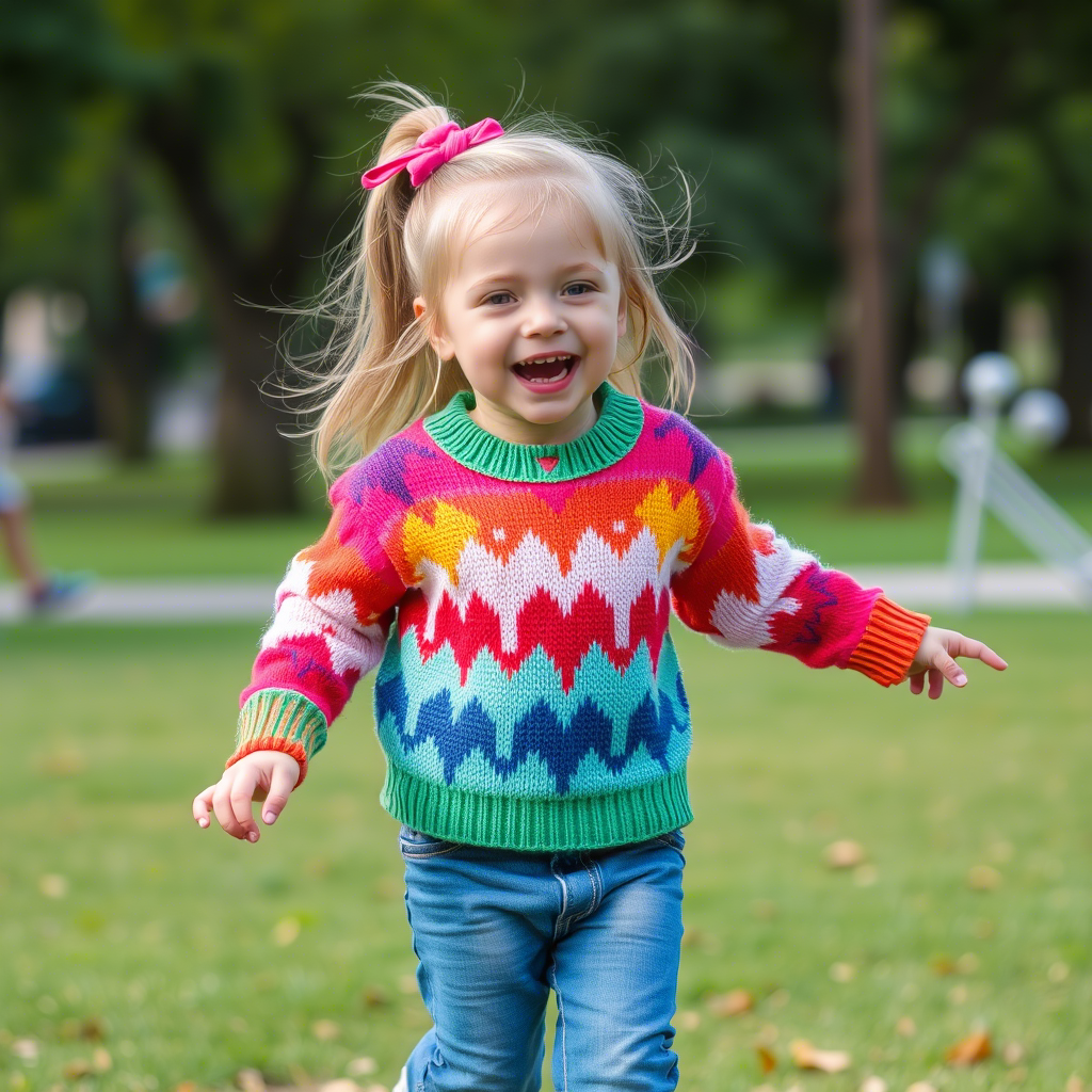 Little girl in colorful sweater and jeans having fun in a park