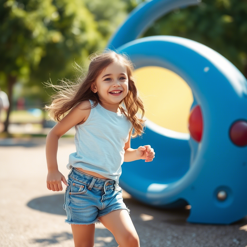 Little girl in comfortable jeans and shorts having fun at park