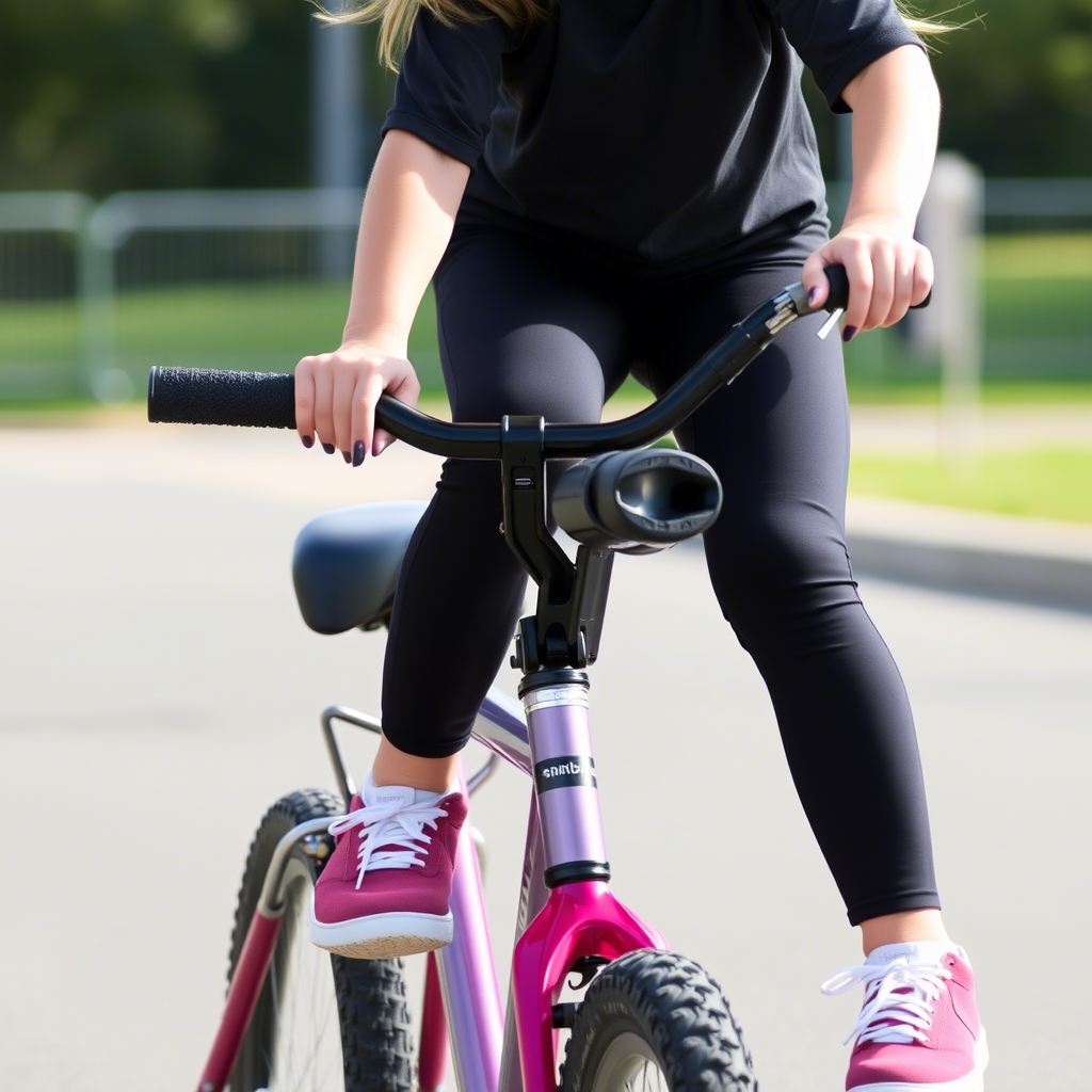 Little girl in comfortable leggings and sneakers riding a bike