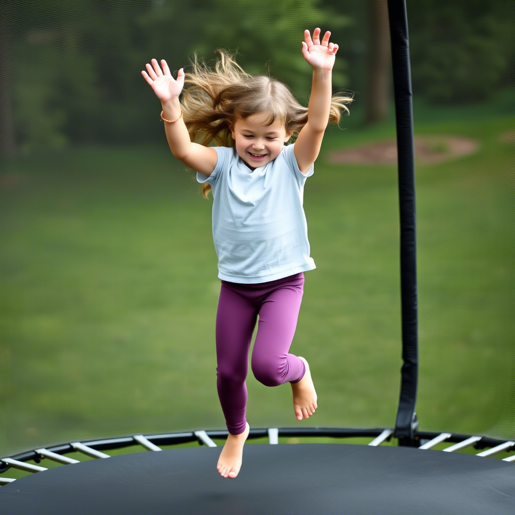 Little girl in comfortable leggings jumping on a trampoline with joy