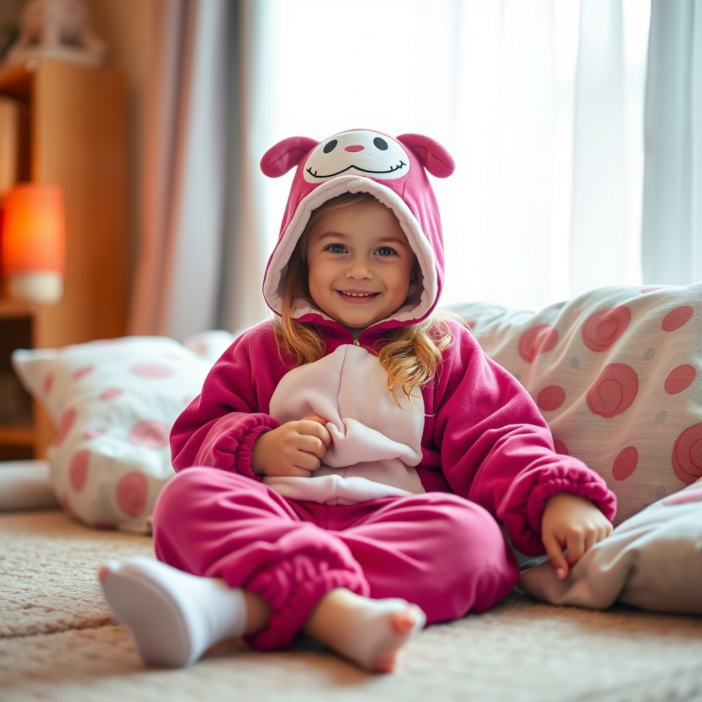 Little girl in cozy cartoon character onesie lounging at home