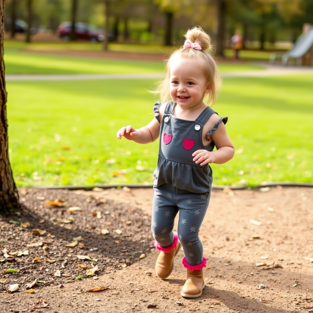 Little girl in cozy leggings and a cute jumpsuit having fun at the park