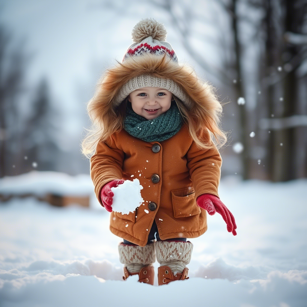 Little girl in cozy winter outfit playing with snow