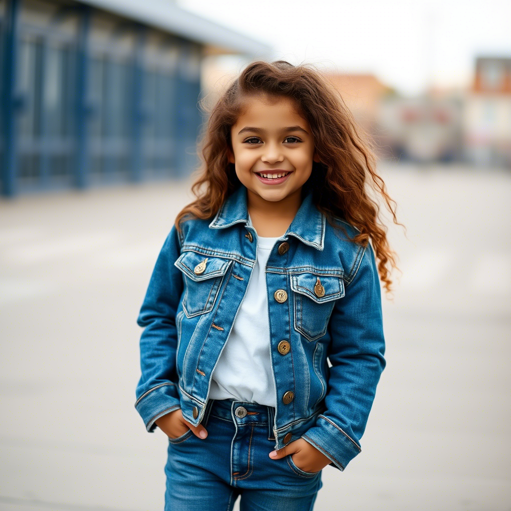 Little girl in fashionable denim jacket and jeans smiling