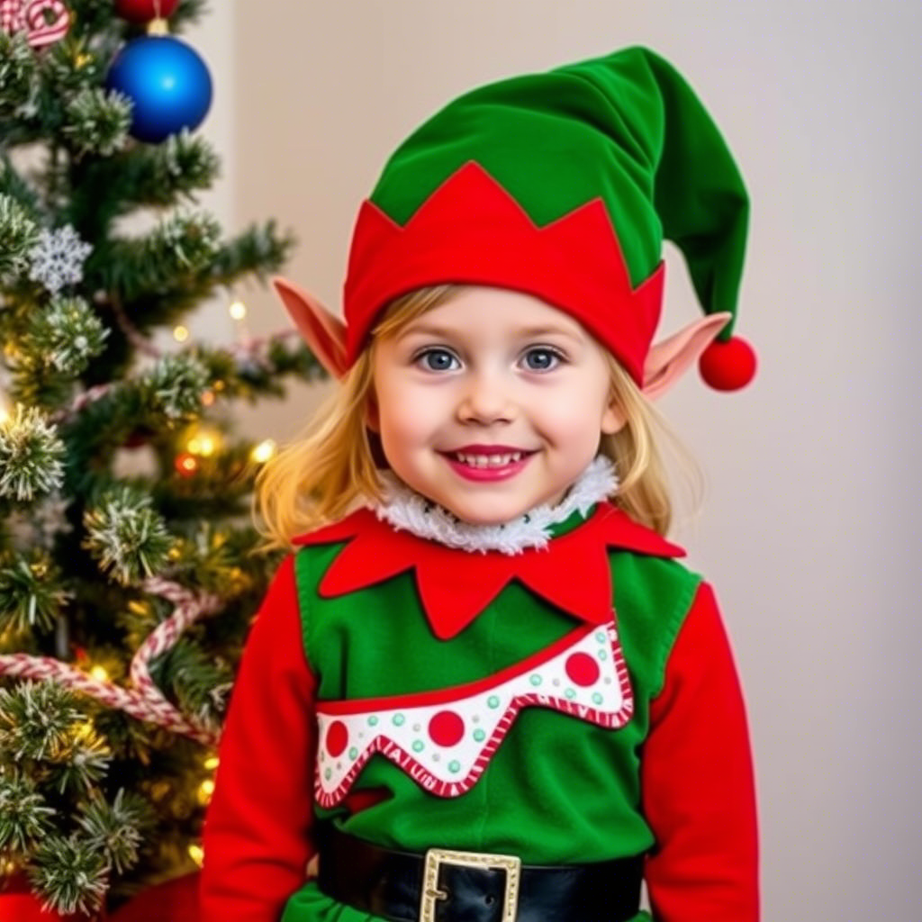 Little girl in festive elf costume, Christmas tree nearby