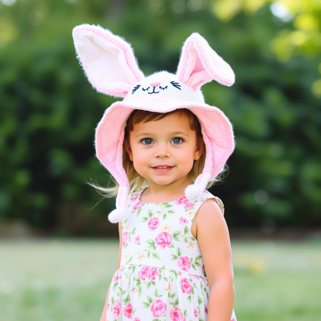 Little girl in floral dress and bunny hat outdoors
