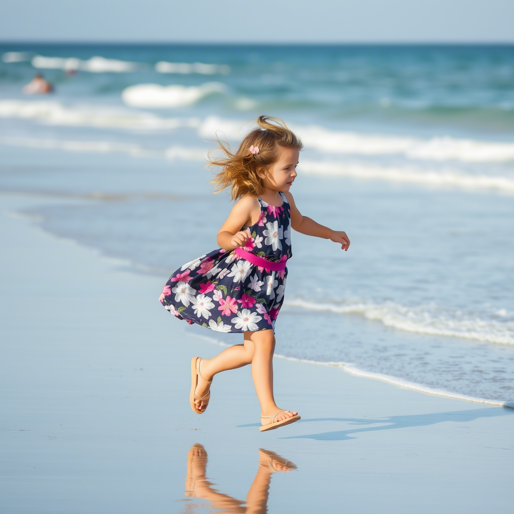 Little girl in floral dress and sandals running on the beach