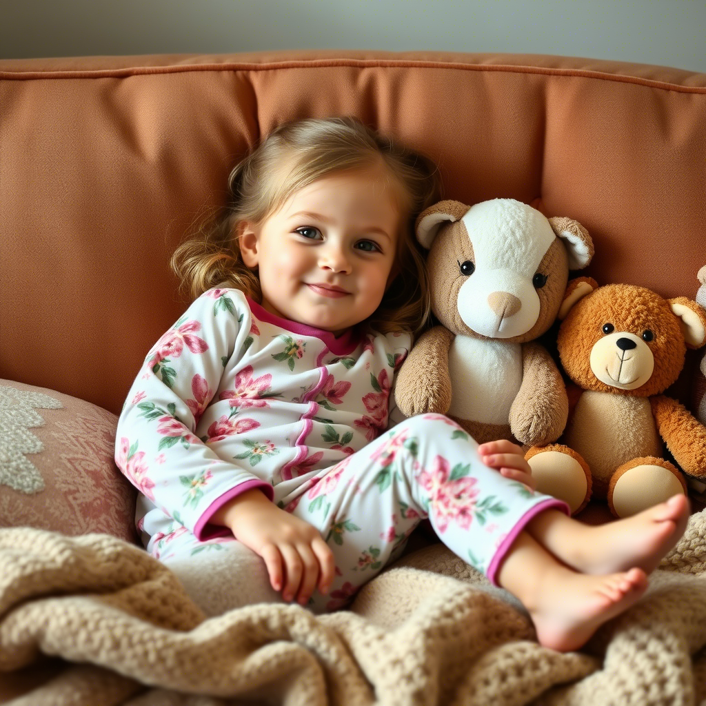 Little girl in floral sleepwear lounging on a cozy couch with stuffed animals
