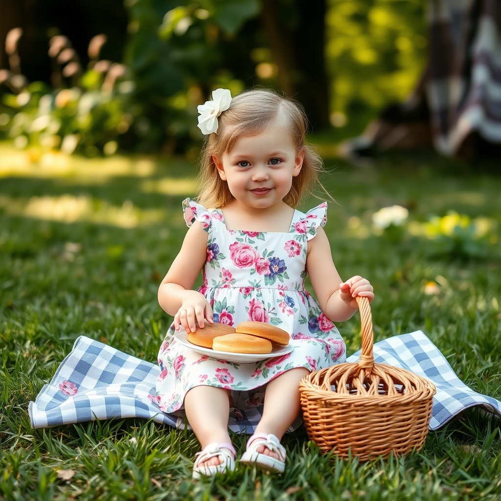 Little girl in floral sundress having picnic outdoors
