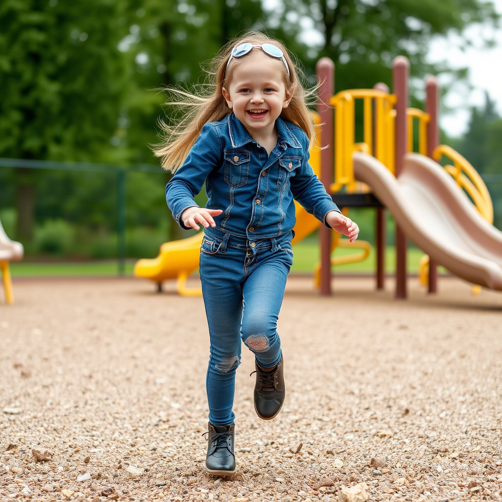 Little girl in jeans and leggings having fun at the playground