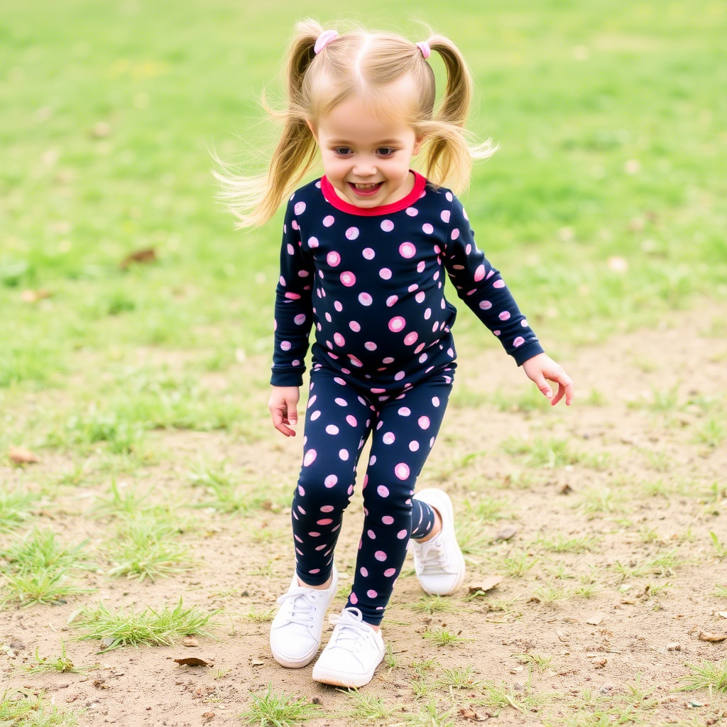 Little girl in leggings and pants set playing outside