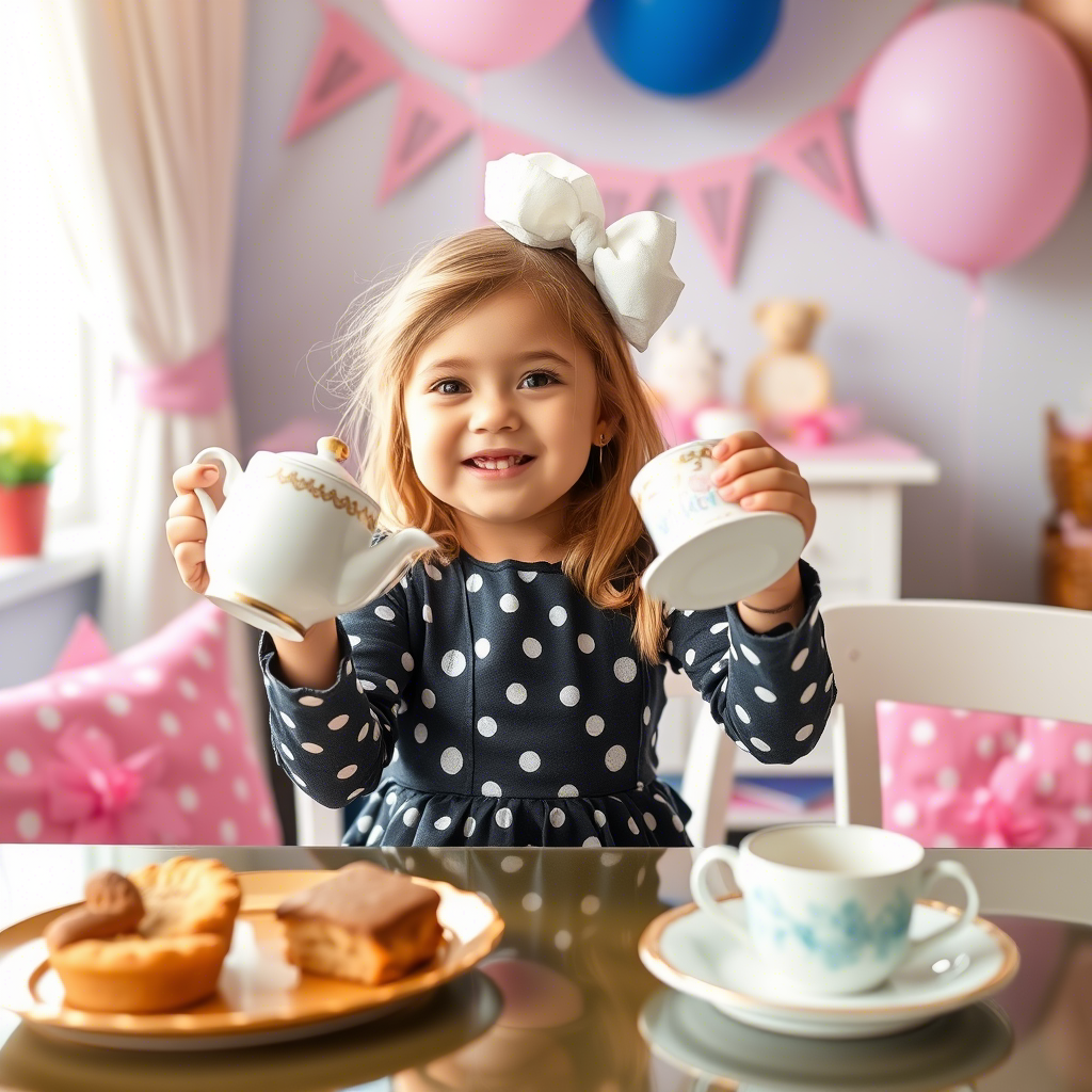 Little girl in Lezonkids trendy outfit having a tea party