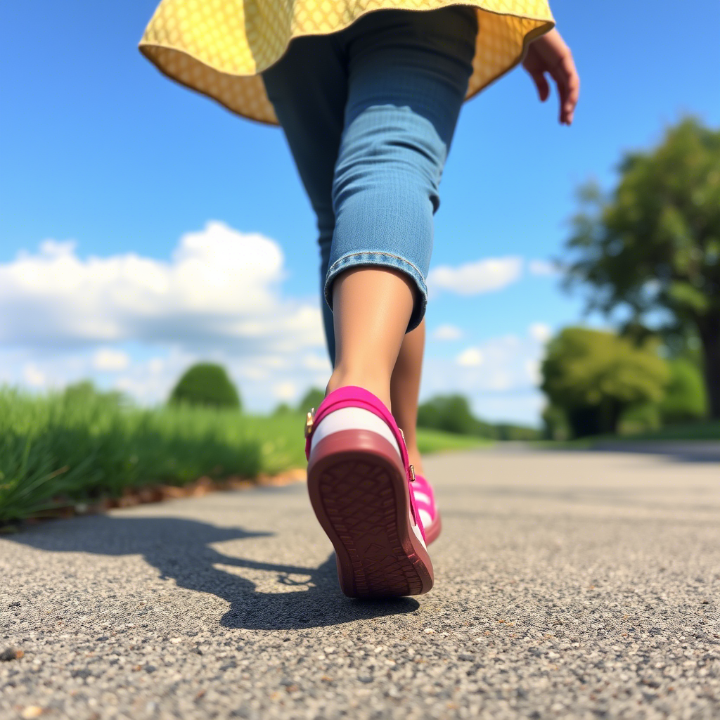 Little girl in Mary Jane shoes walking on a sunny day