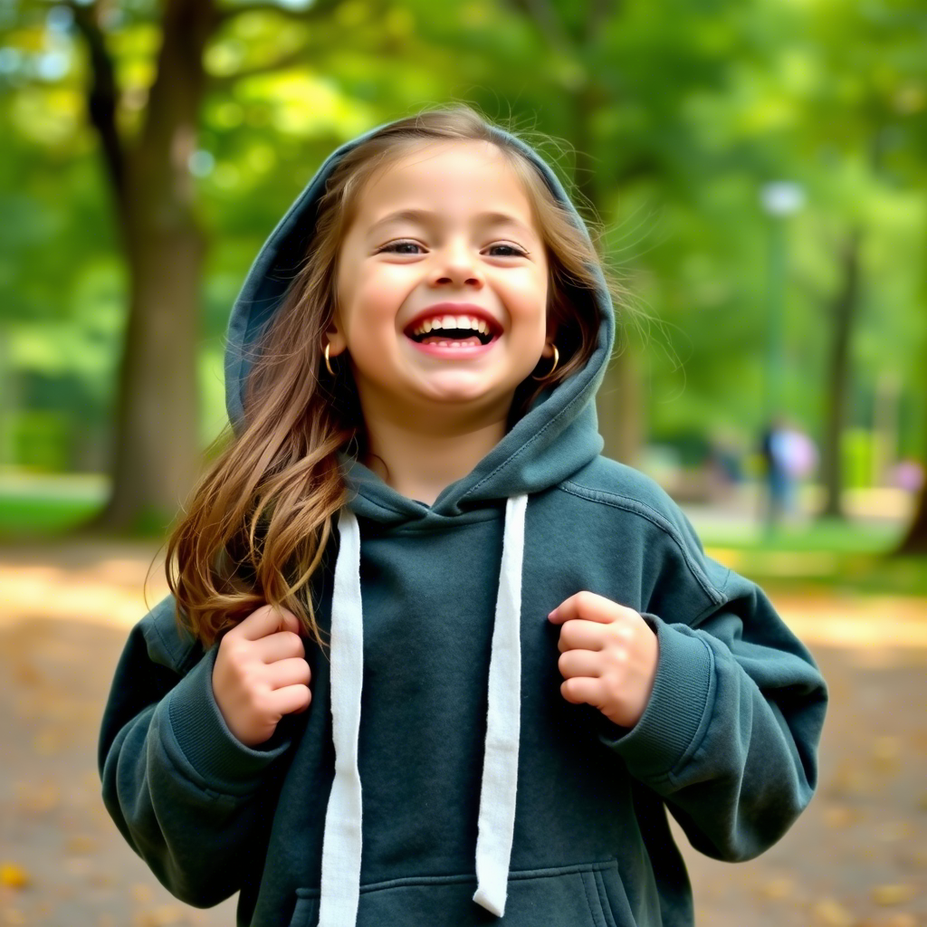 Little girl in oversized hoodie having fun in the park
