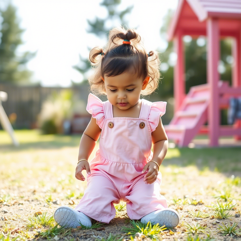 Little girl in pastel pink jumpsuit playing outside