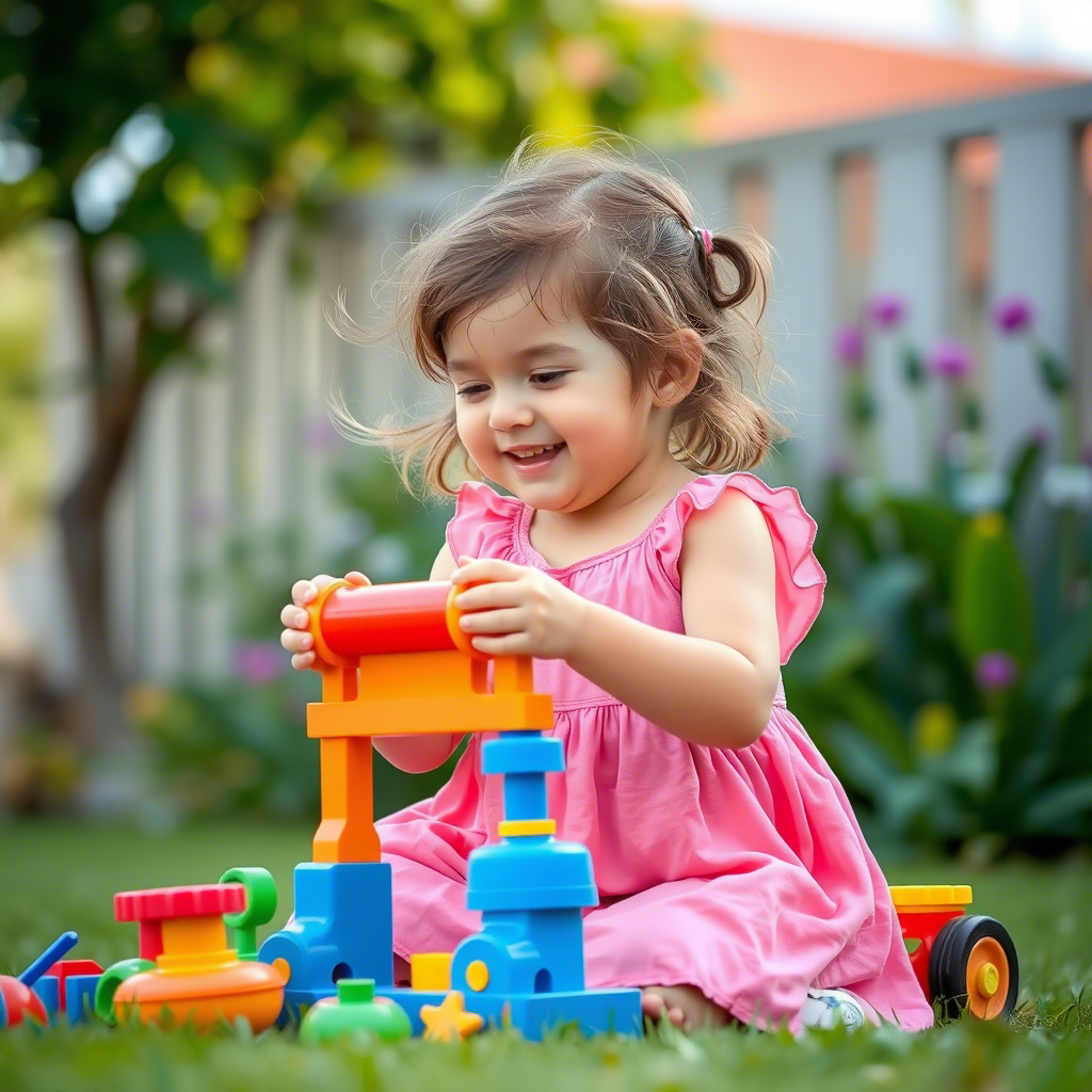 Little girl in pink dress playing with toys outdoors happily