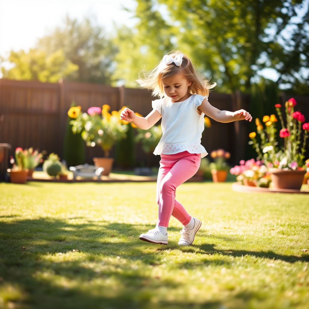 Little girl in pink pants dancing in a sunny garden