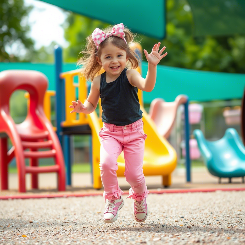 Little girl in pink pants having fun at the playground