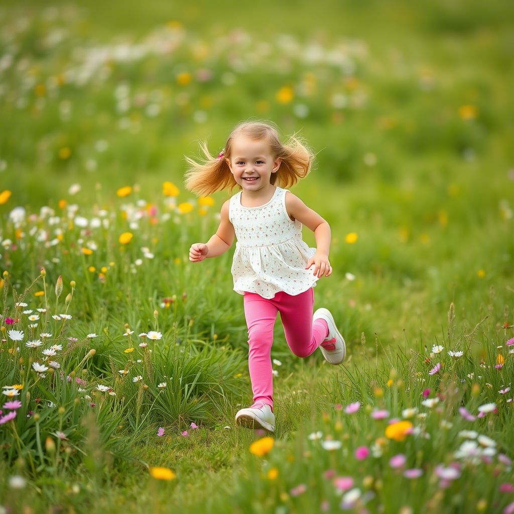 Little girl in pink pants running in a green meadow with flowers