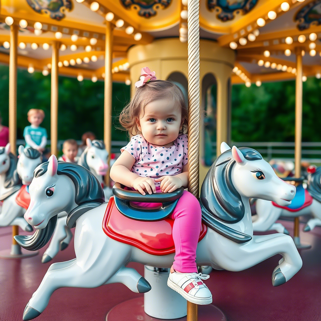 Little girl in pink pants sitting on a kid’s carousel ride