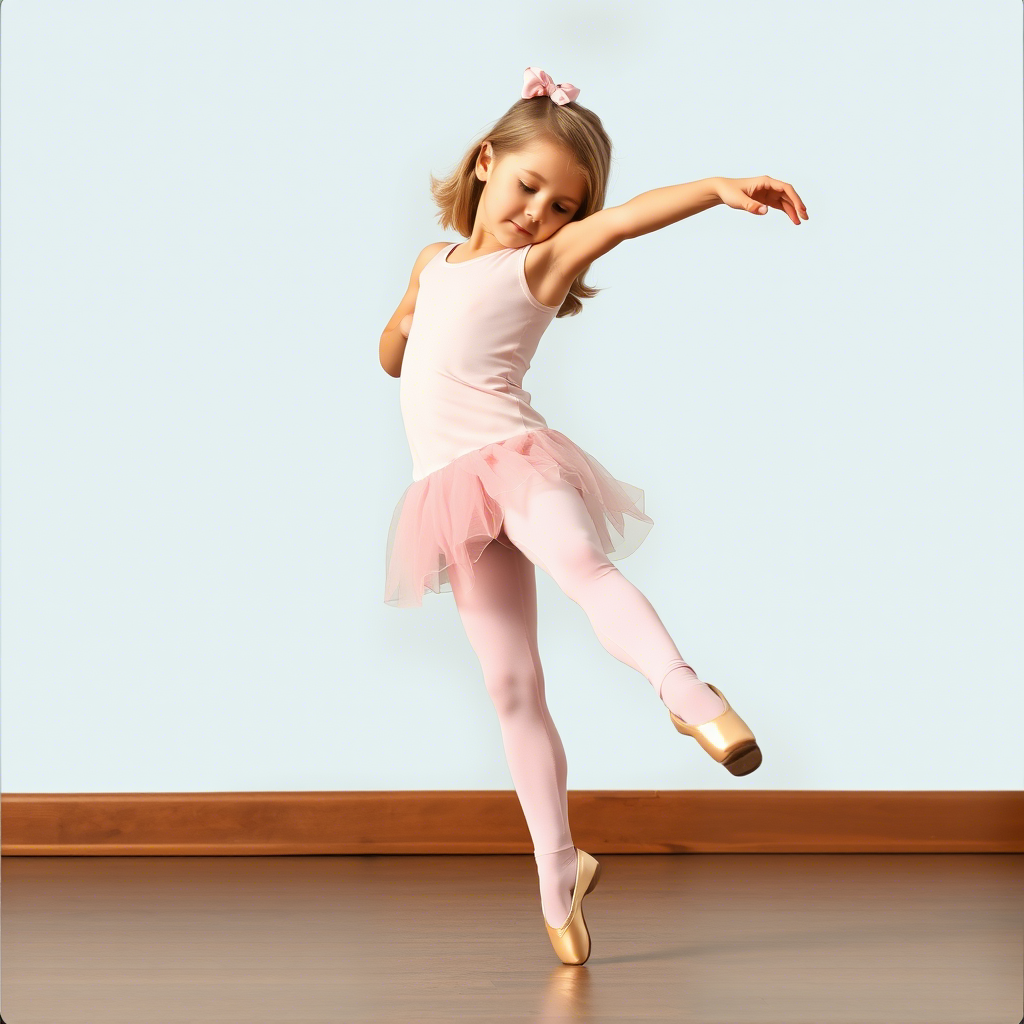 Little girl in pink tights dancing with ballet shoes on