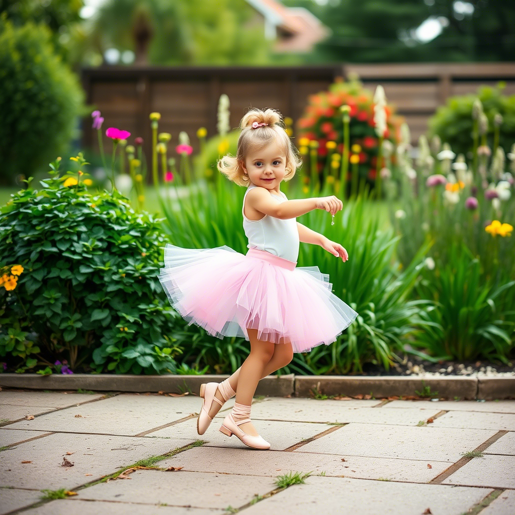 Little girl in pink tutu and ballet shoes dancing in garden
