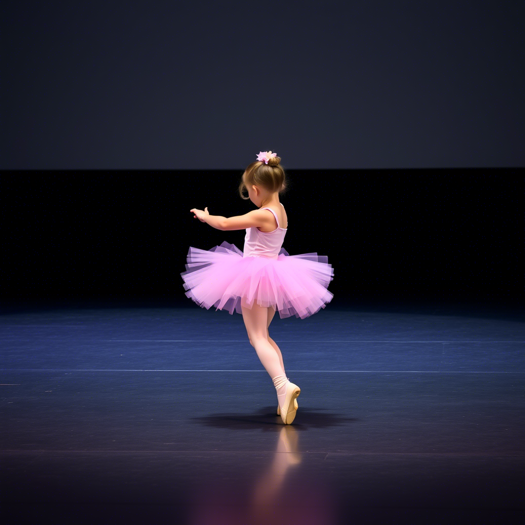 Little girl in pink tutu and ballet shoes dancing on stage