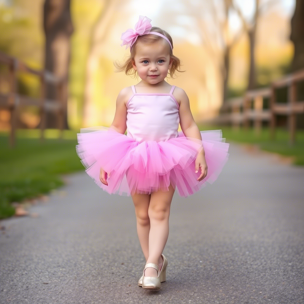 Little girl in pink tutu and ballet shoes outdoors