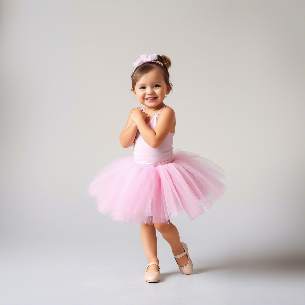 Little girl in pink tutu and ballet shoes posing happily