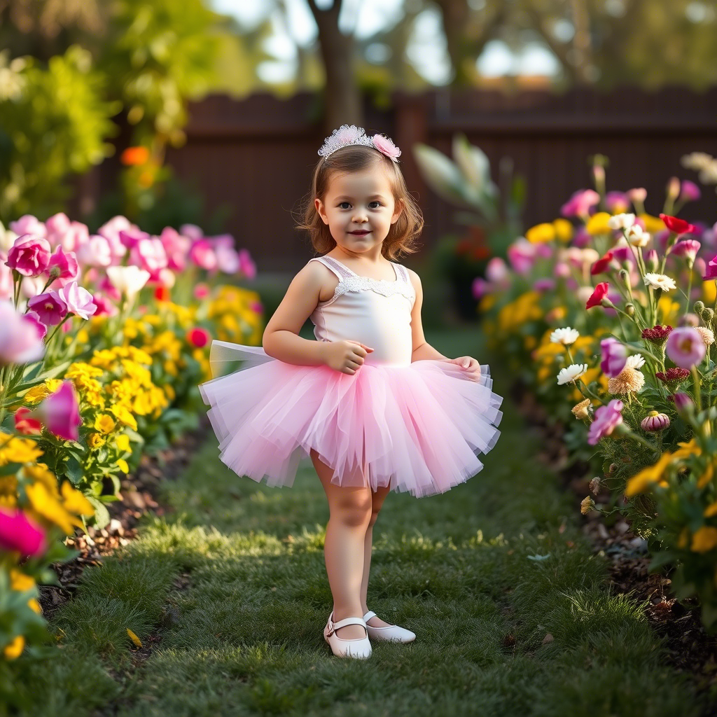 Little girl in pink tutu and ballet shoes standing in a garden