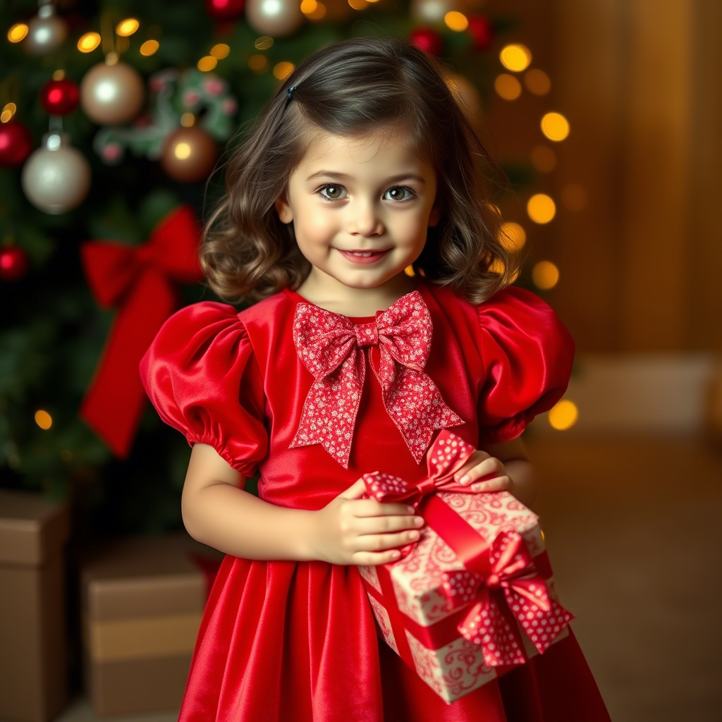 Little girl in red velvet dress and matching bow holding Christmas gift